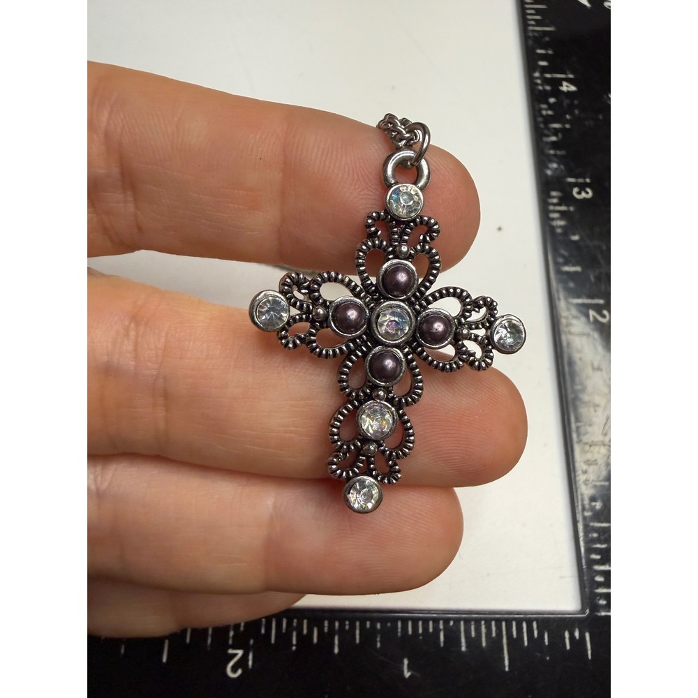 Silver Tone Filigree Cross Necklace Purple Faux Pearl Rhinestone Gothic Pendant